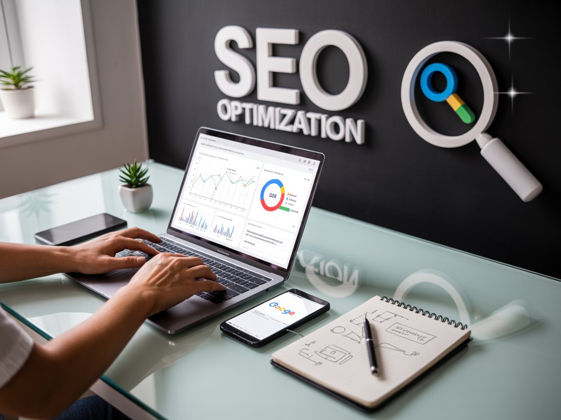 SEO Optimization Arbeitsplatz mit Analytics Dashboard und SEO-Strategieplanung