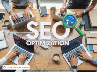 SEO Optimization Arbeitsplatz mit mehreren Laptops und Teammitgliedern bei der Suchmaschinenoptimierung