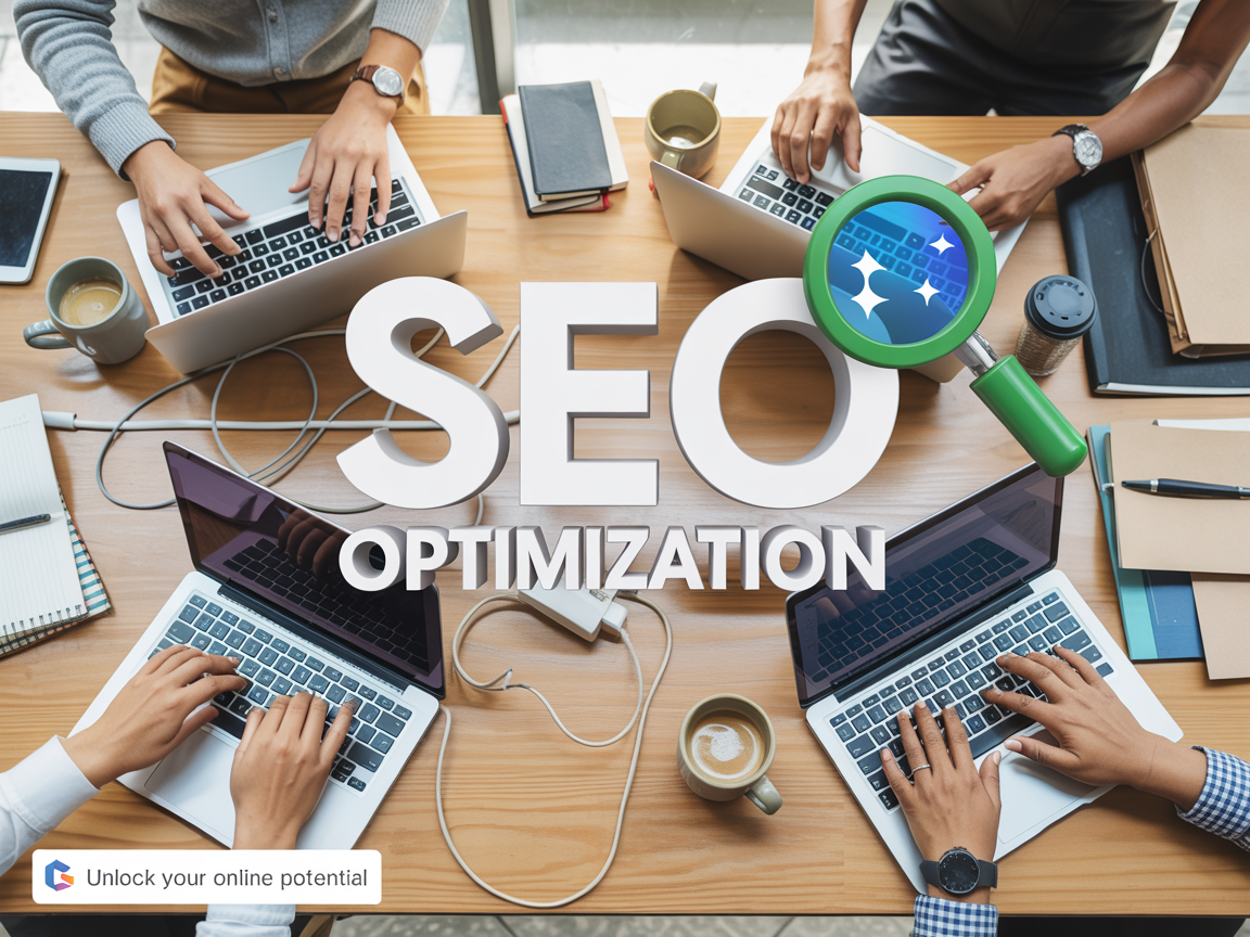 SEO Optimization Arbeitsplatz mit mehreren Laptops und Teammitgliedern bei der Suchmaschinenoptimierung